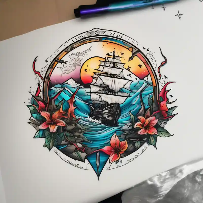 sketch style 2025年の海のタトゥーアイデア about tattoo that has an acacia tree with mountains and ocean with a ship wreck with sharks and the bright northern star hello kitty tattoo